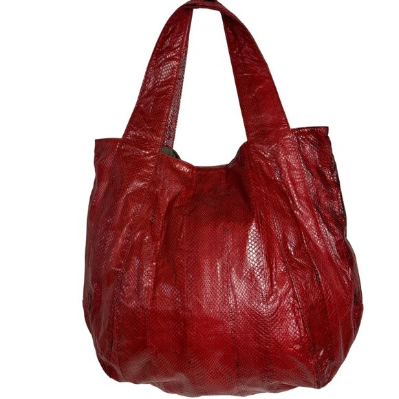 Beirn Snakeskin Ethically Sourced JENNA Hobo Tote Bag Red Lightweight Packable - Picture 1 of 11